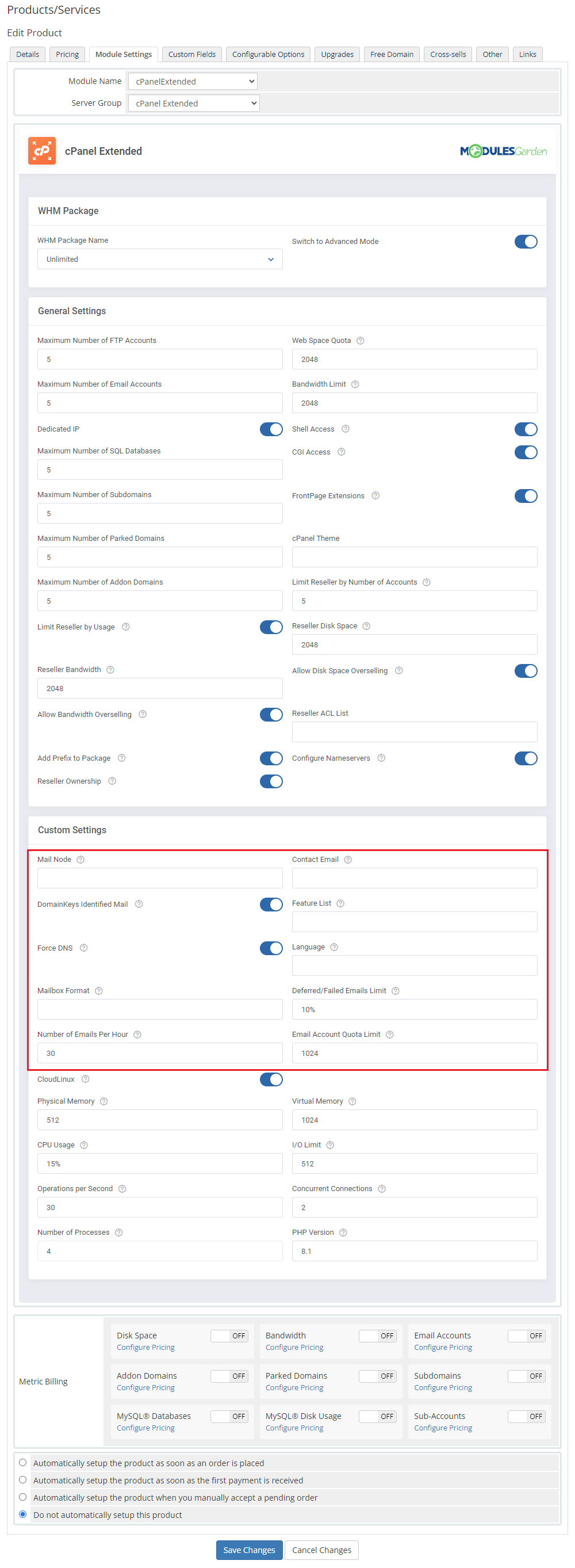 CPanel Extended For WHMCS: product Module Settings in advanced mode with the custom email settings highlighted