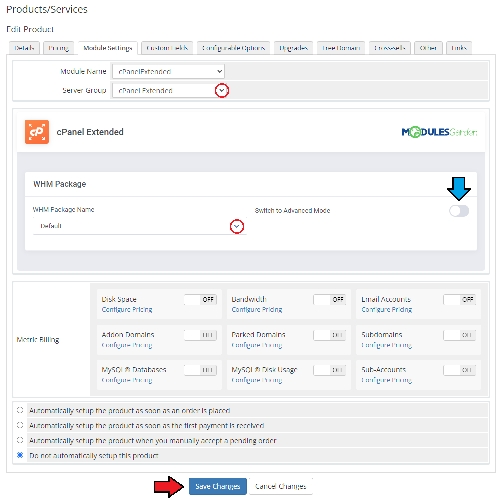 CPanel Extended For WHMCS: product Module Settings tab with server group, WHM package and Advanced Mode switch
