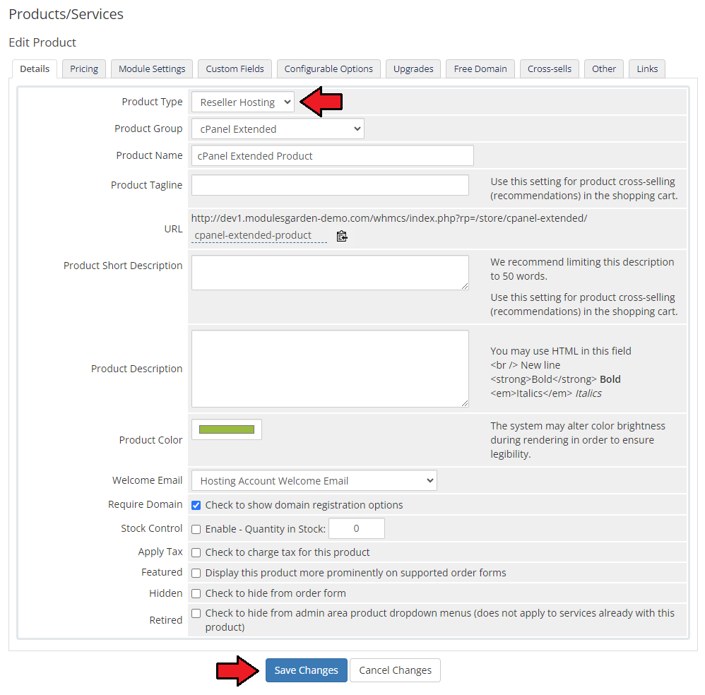 CPanel Extended For WHMCS: WHMCS admin product Details tab with Product Type set to Reseller Hosting and Save Changes