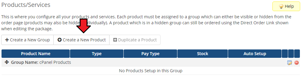 CPanel Extended For WHMCS: WHMCS Products/Services page with the Create a New Product button