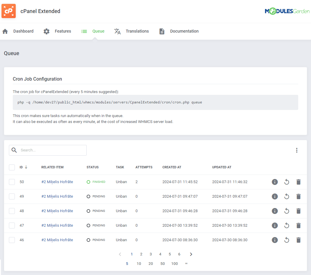 CPanel Extended For WHMCS: addon Queue page with the cron job command and the list of Unban tasks