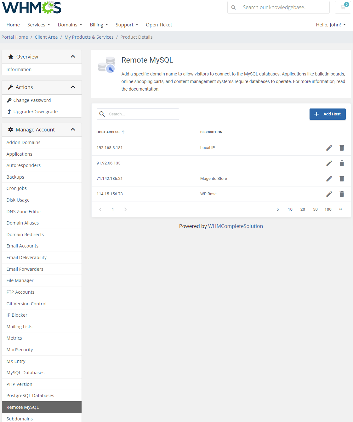 CPanel Extended For WHMCS: client area Remote MySQL list of allowed hosts with descriptions and the Add Host button