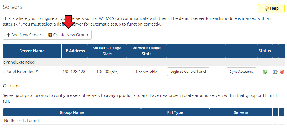 CPanel Extended For WHMCS: WHMCS Servers list with the configured server and the Create New Group button