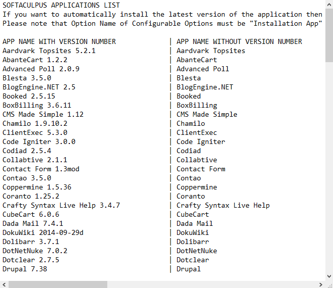 CPanel Extended For WHMCS: downloaded Softaculous applications list with app names with and without version numbers