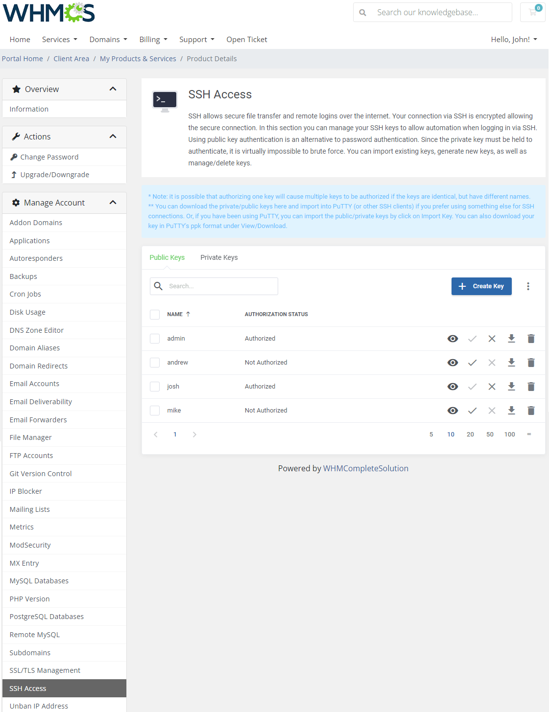 CPanel Extended For WHMCS: client area SSH Access with the Public Keys tab, authorization status and key actions