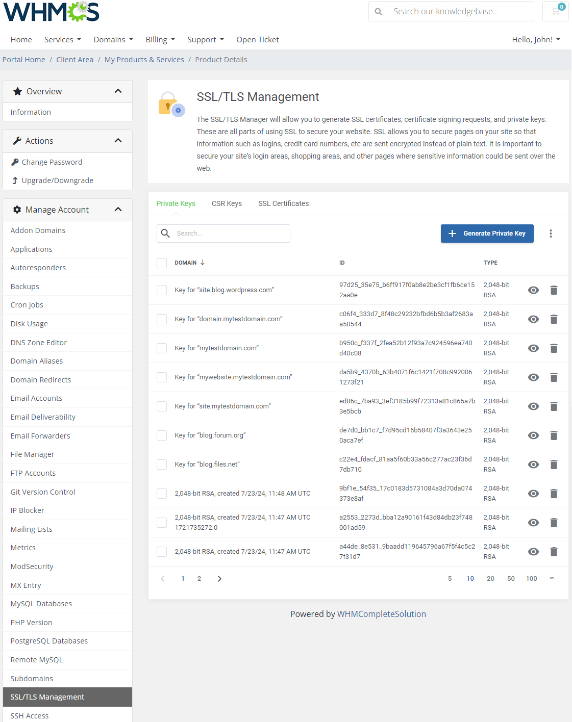 CPanel Extended For WHMCS: client area SSL/TLS Management with the Private Keys tab and the Generate Private Key button