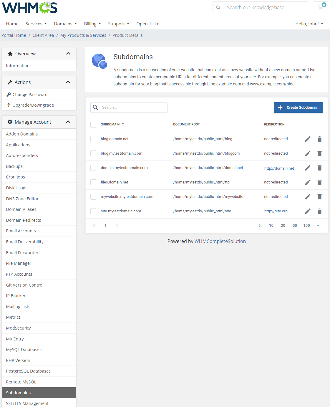 CPanel Extended For WHMCS: client area Subdomains list with document root, redirection and the Create Subdomain button
