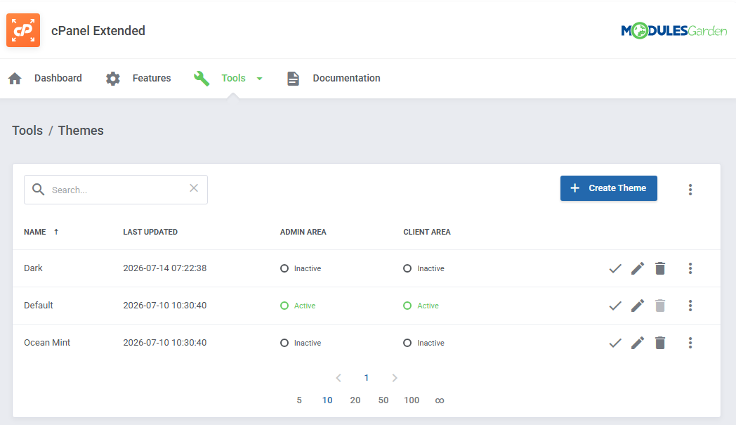 CPanel Extended For WHMCS: addon Tools Themes page with Dark, Default and Ocean Mint themes and Create Theme button