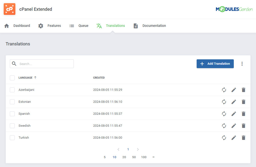 CPanel Extended For WHMCS: addon Translations page with a list of languages and the Add Translation button