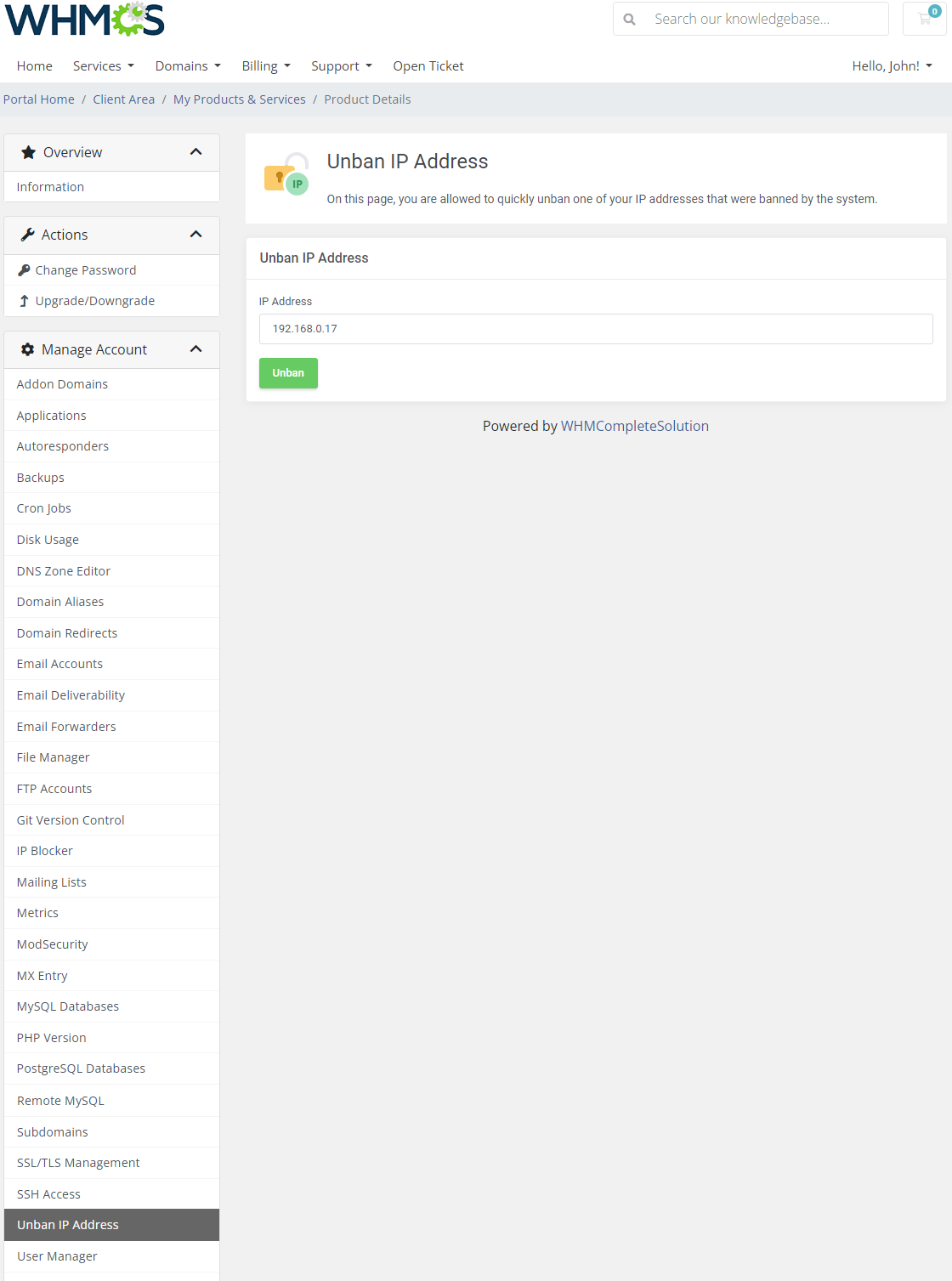 CPanel Extended For WHMCS: client area Unban IP Address page with the IP address field and the Unban button