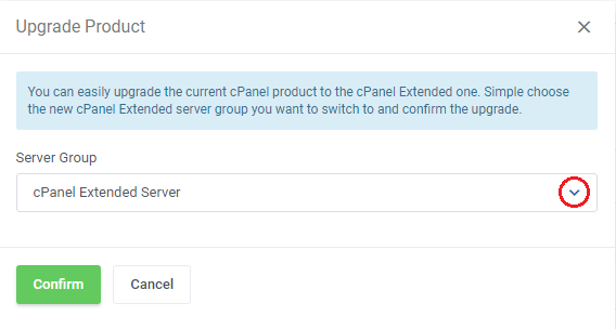 CPanel Extended For WHMCS: Upgrade Product dialog with a server group dropdown and the Confirm button