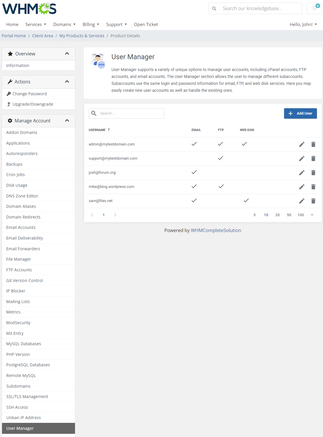 CPanel Extended For WHMCS: client area User Manager list of users with Email, FTP and Web Disk access marks