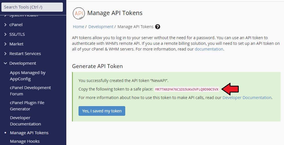 CPanel Extended For WHMCS: cPanel WHM message showing the newly created API token with an arrow pointing to the token