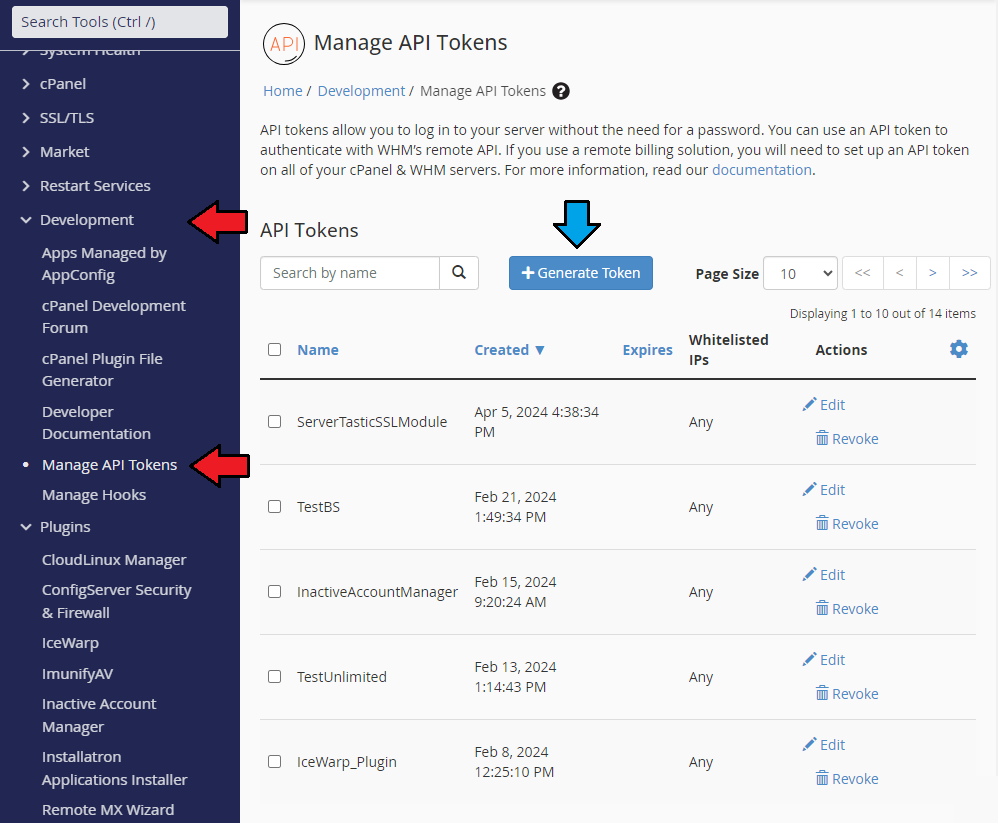 CPanel Extended For WHMCS: cPanel WHM Manage API Tokens page with the Development menu open and an arrow on Generate