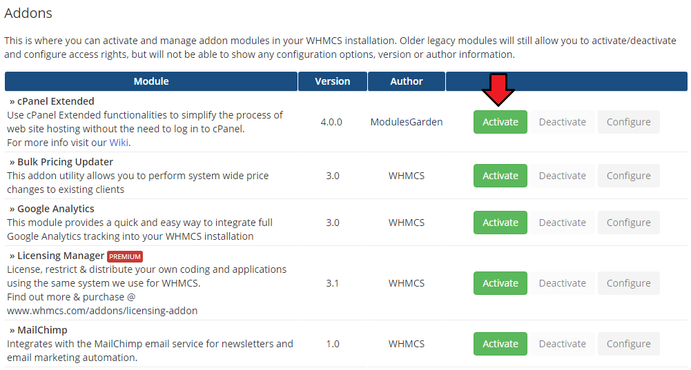 CPanel Extended For WHMCS: WHMCS Addon Modules list with the Activate button next to cPanel Extended