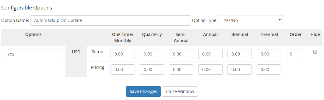CPanel Extended For WHMCS: WHMCS admin configurable option Auto Backup On Update, type Yes/No, with pricing fields