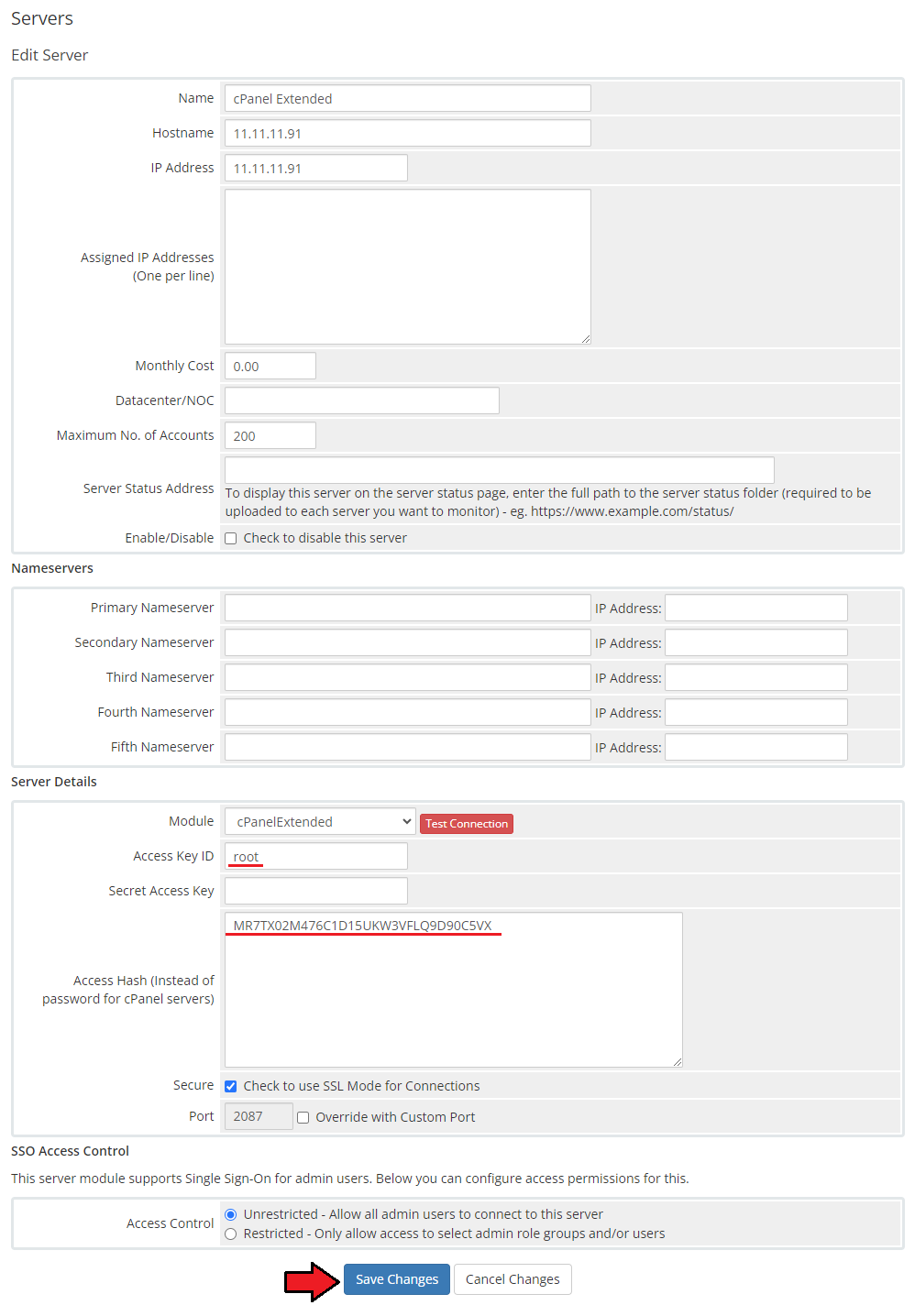 CPanel Extended For WHMCS: WHMCS admin Edit Server page with root as Access Key ID and the API token as Access Hash