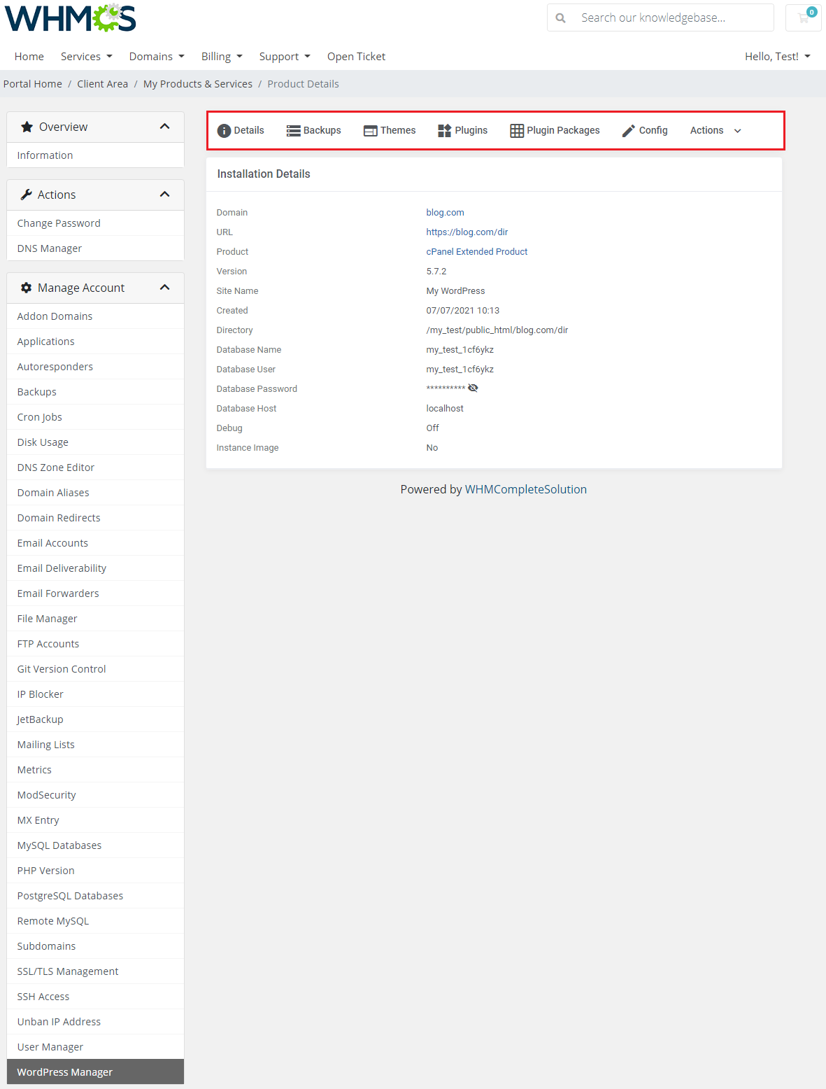 CPanel Extended For WHMCS: WordPress Manager installation details in the client area with the top tabs highlighted