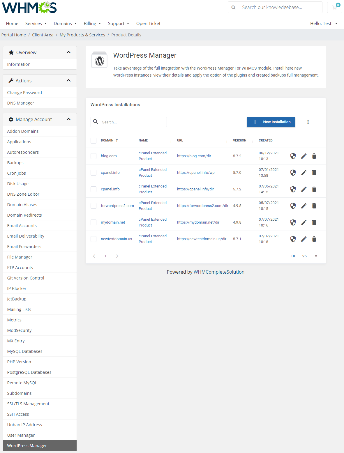 CPanel Extended For WHMCS: client area WordPress Manager with the list of WordPress installations and New Installation