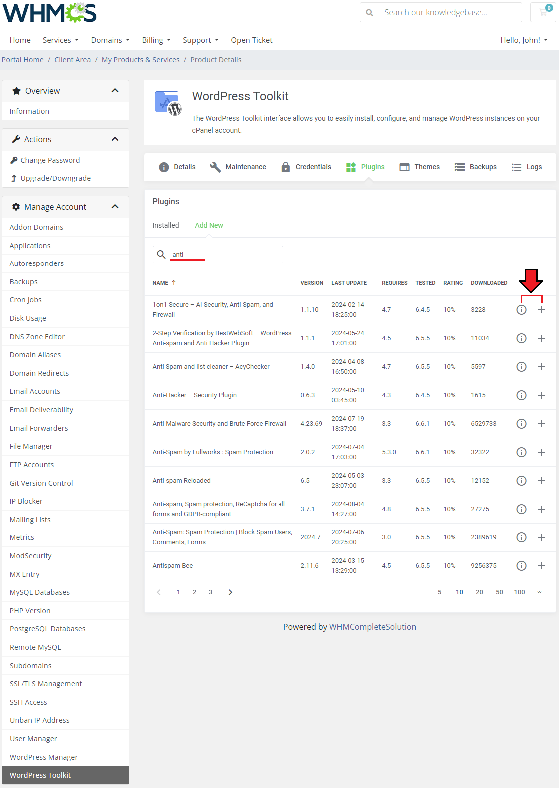 CPanel Extended For WHMCS: WordPress Toolkit Plugins Add New tab with a search result list and an arrow on the install