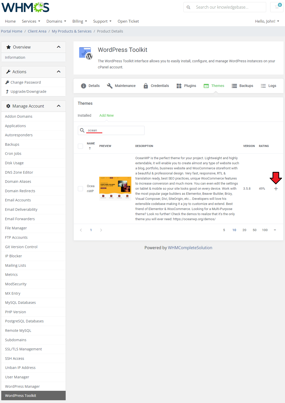 CPanel Extended For WHMCS: WordPress Toolkit Themes Add New tab with a theme search result and an arrow on the install