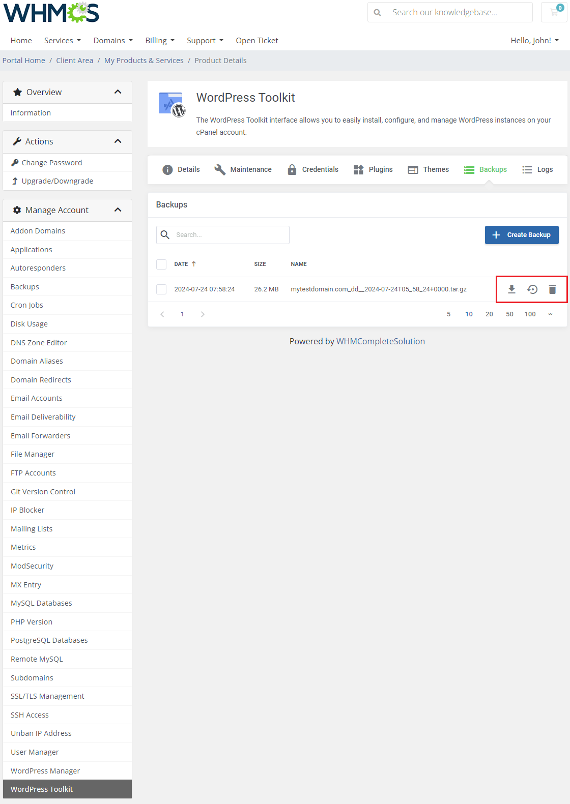 CPanel Extended For WHMCS: WordPress Toolkit Backups tab with a backup list and download, restore and delete icons