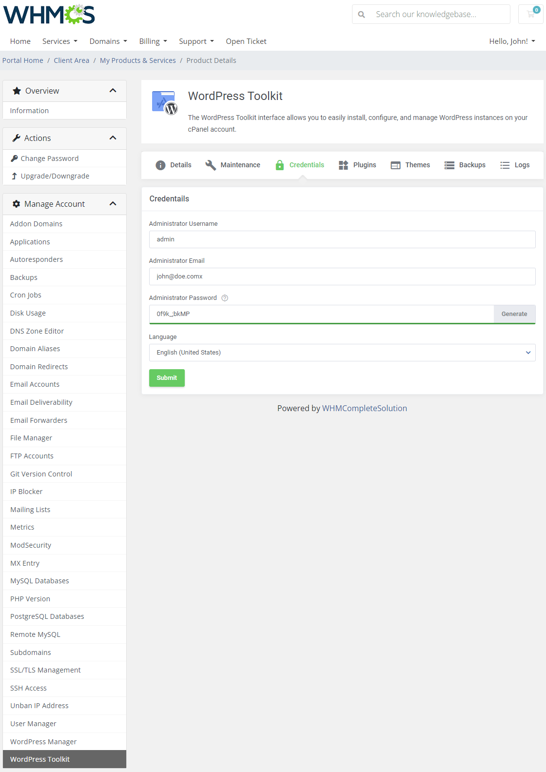 CPanel Extended For WHMCS: WordPress Toolkit Credentials tab with administrator username, email, password and language
