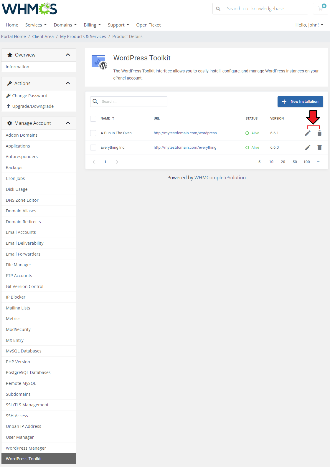 CPanel Extended For WHMCS: WordPress Toolkit instance list with the edit and delete icons marked for a selected
