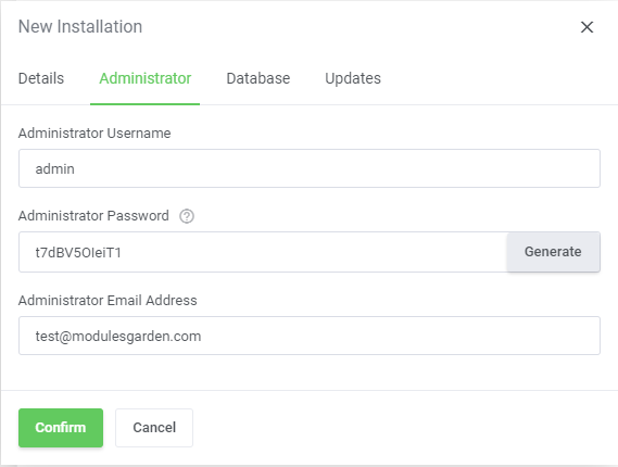CPanel Extended For WHMCS: WordPress Toolkit New Installation window, Administrator tab with username and email