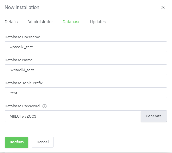 CPanel Extended For WHMCS: WordPress Toolkit New Installation window, Database tab with name and table prefix