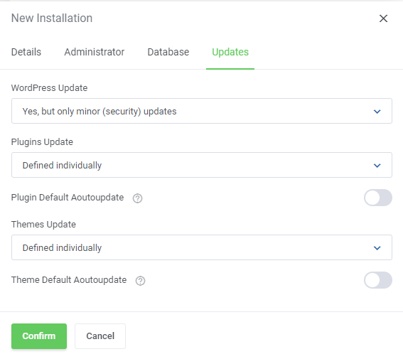 CPanel Extended For WHMCS: WordPress Toolkit New Installation window, Updates tab with auto update options