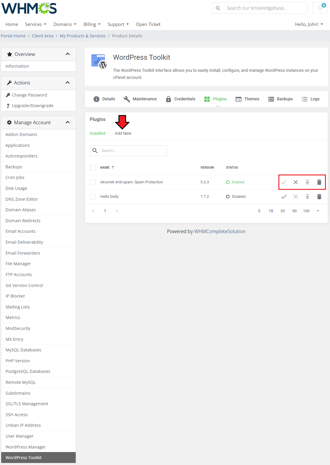 CPanel Extended For WHMCS: WordPress Toolkit Plugins tab with installed plugins and their action icons