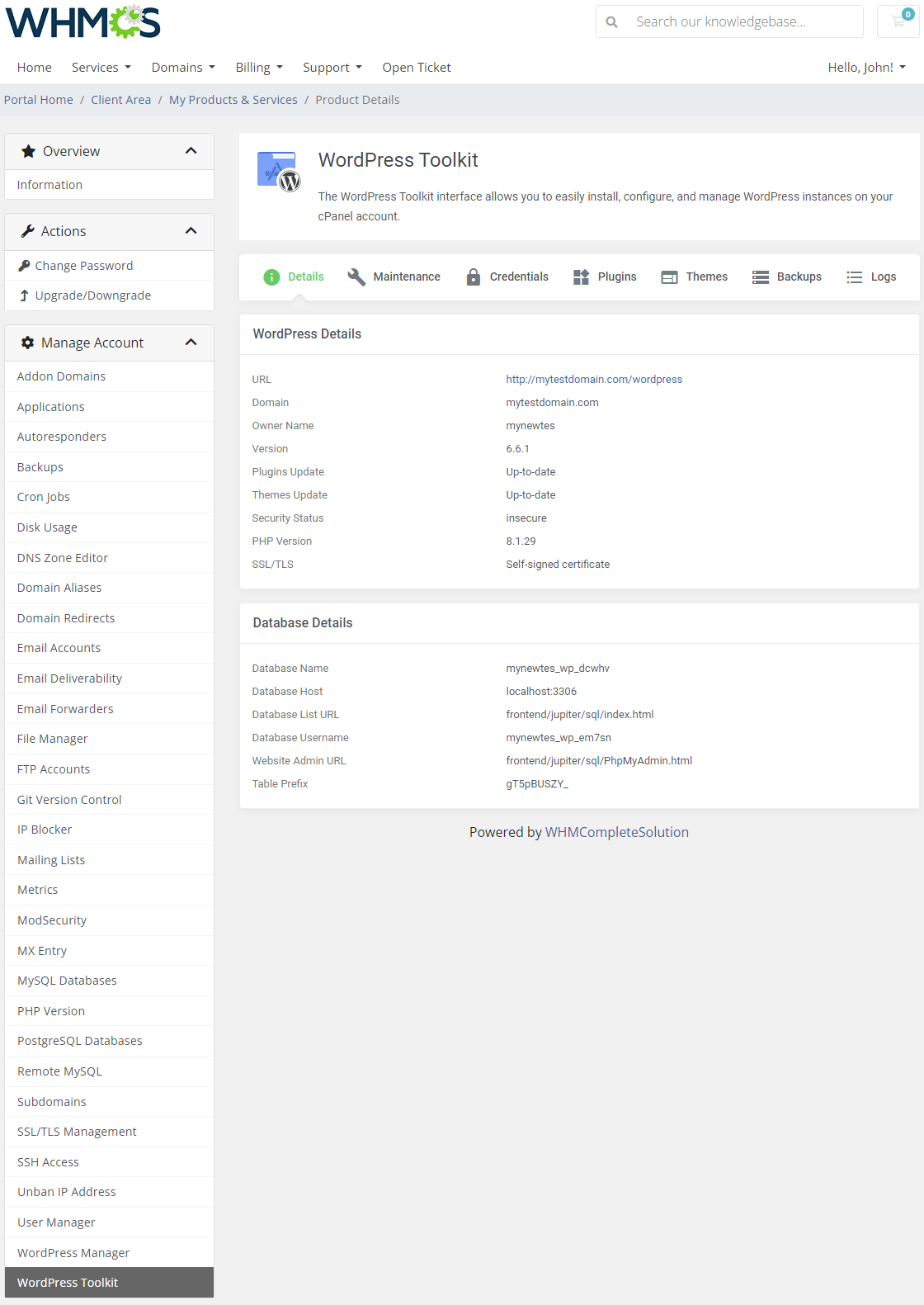 CPanel Extended For WHMCS: WordPress Toolkit Details tab showing WordPress details and database details of an instance
