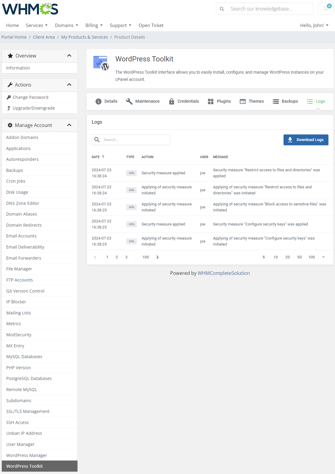 CPanel Extended For WHMCS: WordPress Toolkit Logs tab with a list of recorded events and the Download Logs button