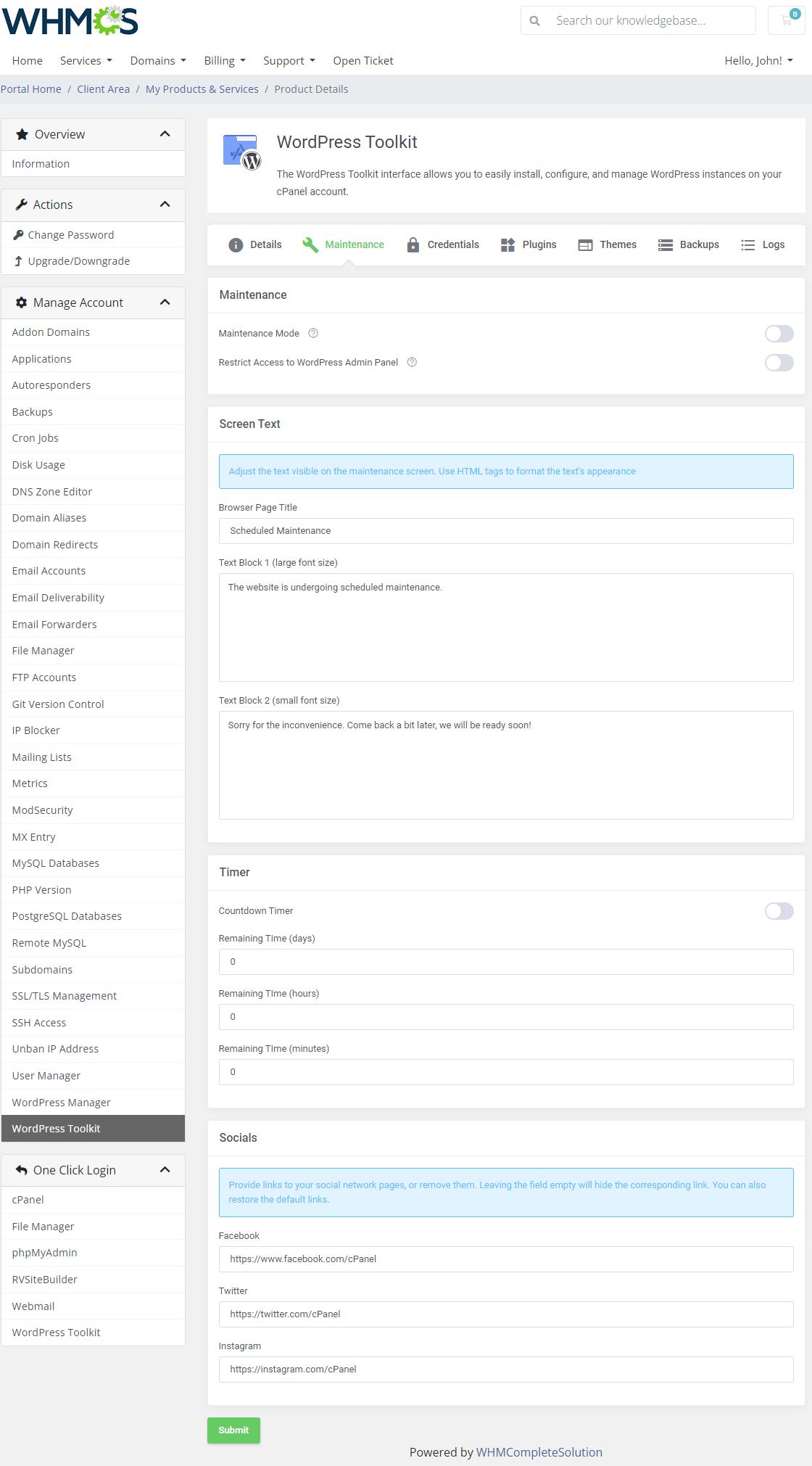 CPanel Extended For WHMCS: WordPress Toolkit Maintenance tab with maintenance mode, screen text, timer and socials