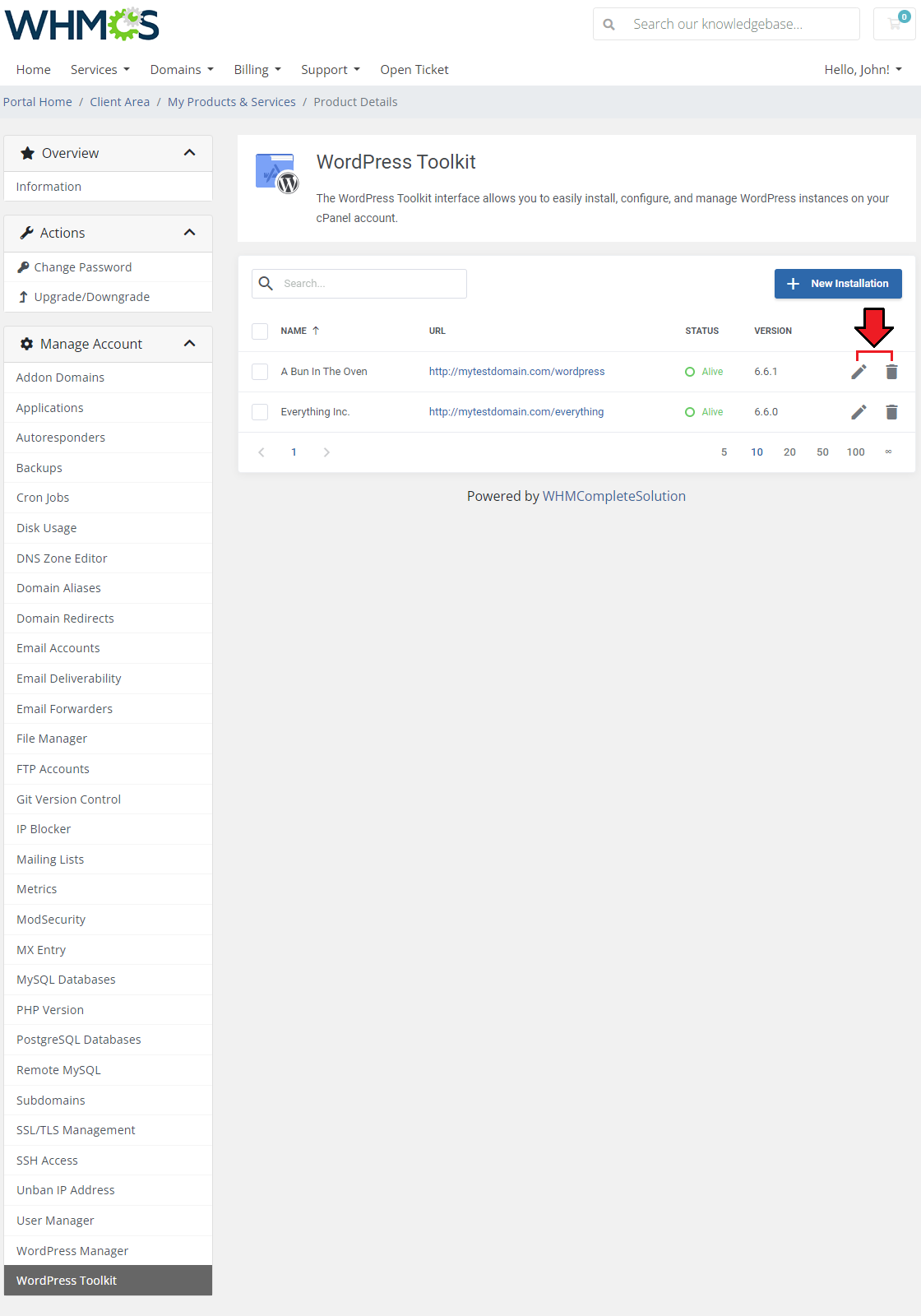 CPanel Extended For WHMCS: WordPress Toolkit instance list with the edit and delete icons marked for managing an