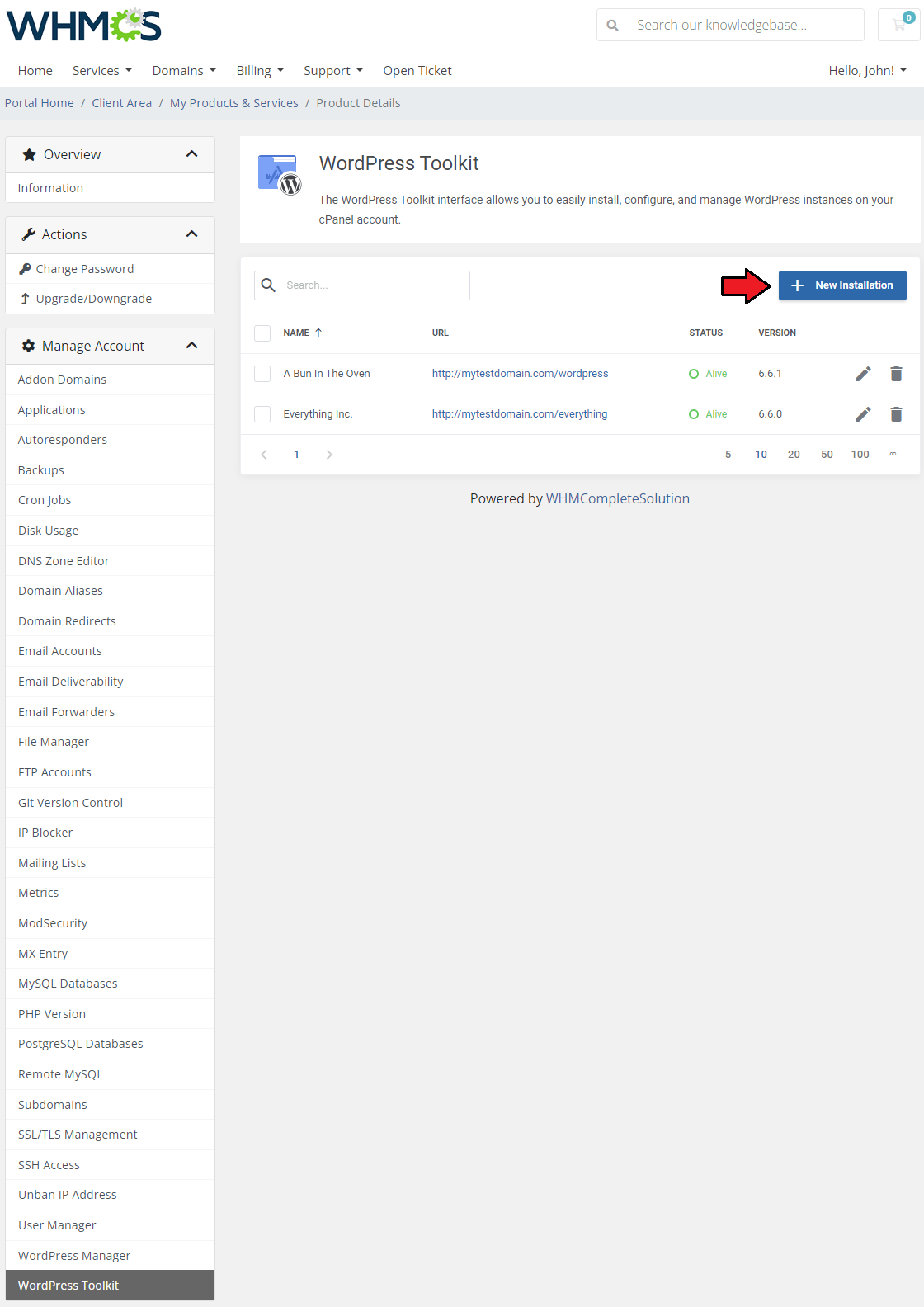 CPanel Extended For WHMCS: WordPress Toolkit instance list in the client area with an arrow on the New Installation