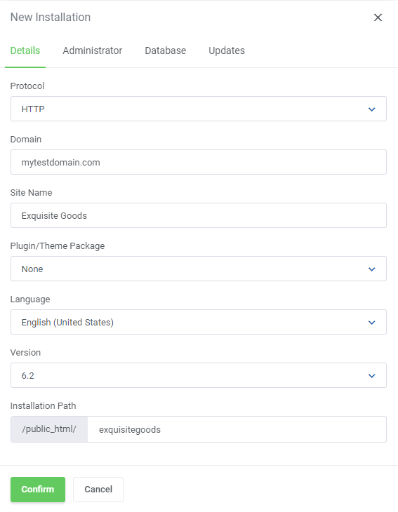 CPanel Extended For WHMCS: WordPress Toolkit New Installation window, Details tab with domain, site name and path