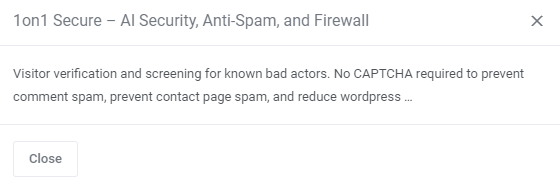CPanel Extended For WHMCS: WordPress Toolkit plugin information dialog with a short description and a Close button