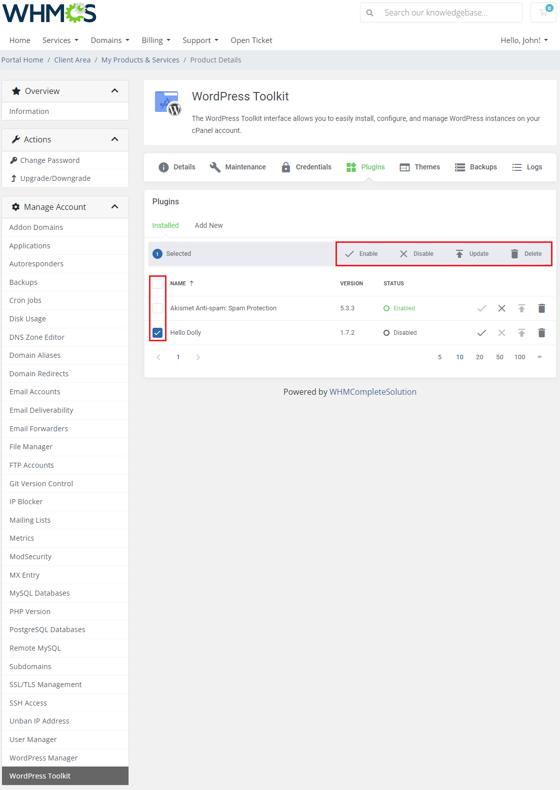 CPanel Extended For WHMCS: WordPress Toolkit Plugins tab with a selected plugin and the Mass Action bar