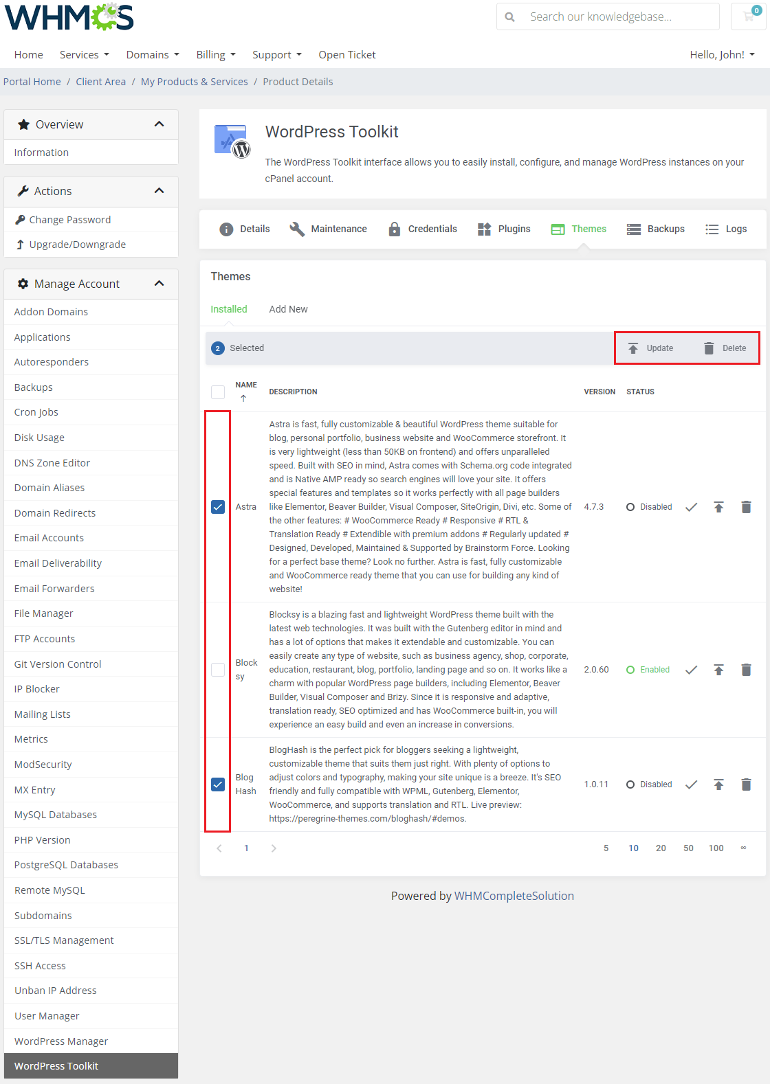 CPanel Extended For WHMCS: WordPress Toolkit Themes tab with selected themes and the Mass Action bar with Update and