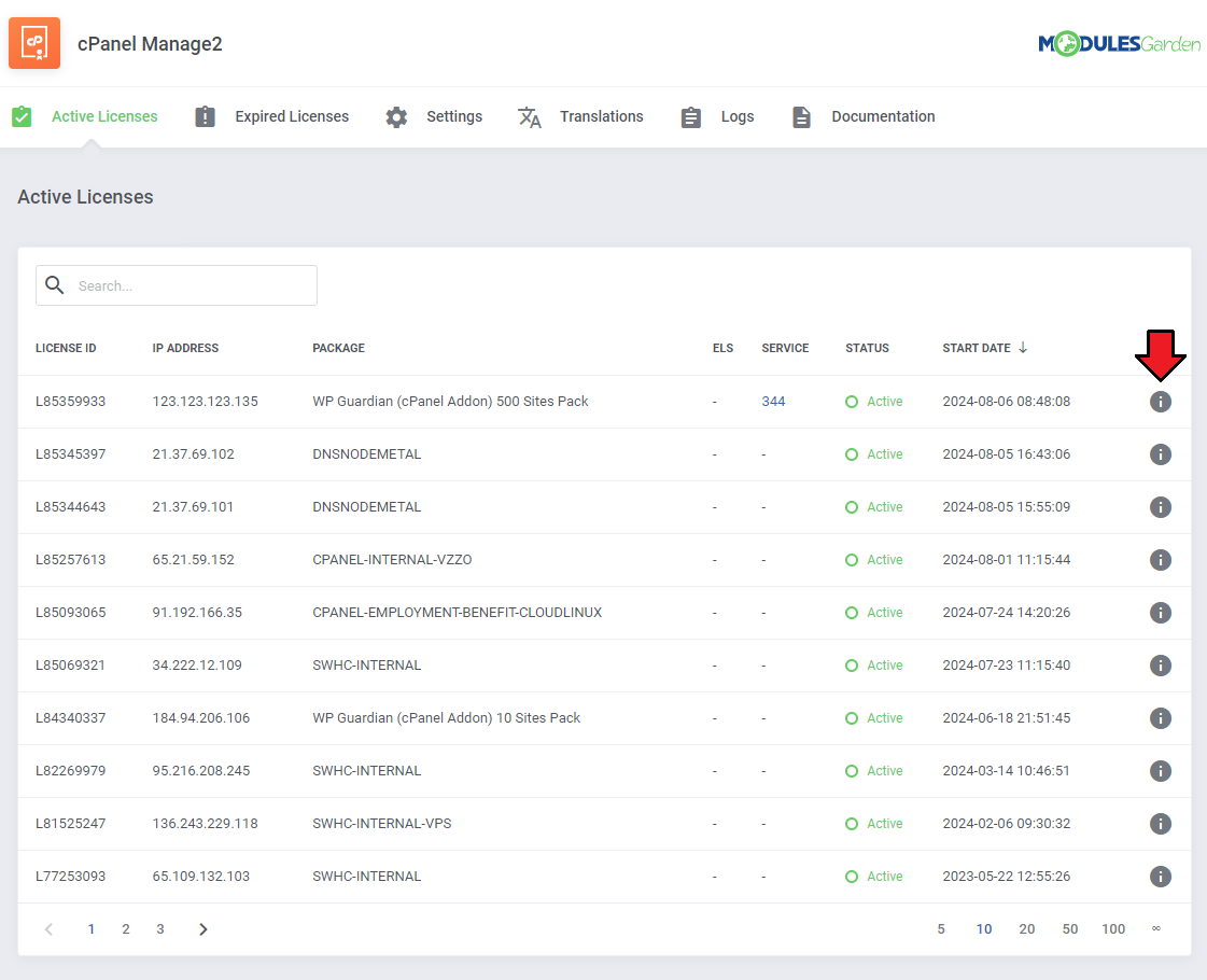 CPanel Manage2 For WHMCS: the module's Active Licenses page with the license list and the details button highlighted