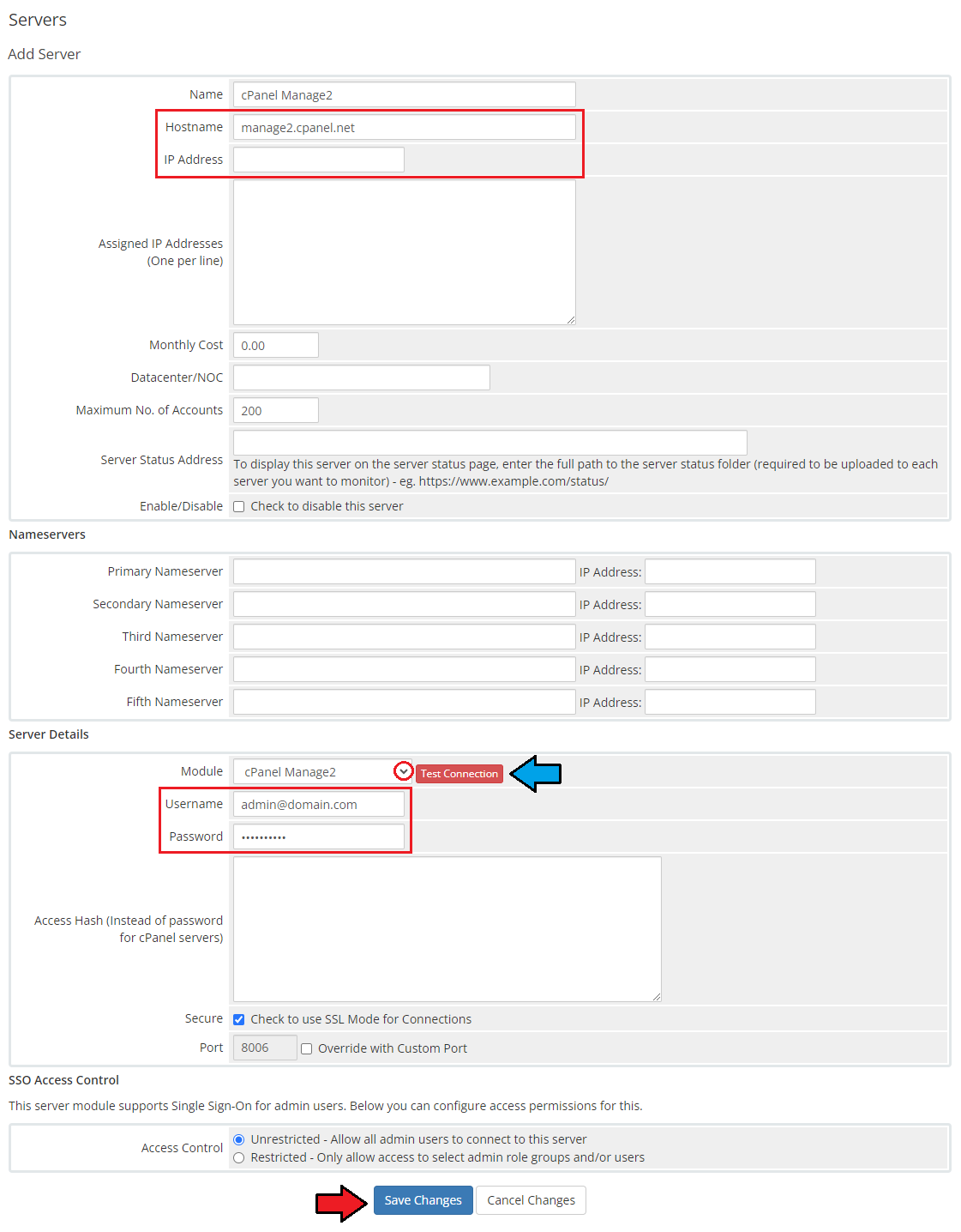 CPanel Manage2 For WHMCS: the WHMCS Add Server form with hostname, username, password fields and the Test Connection