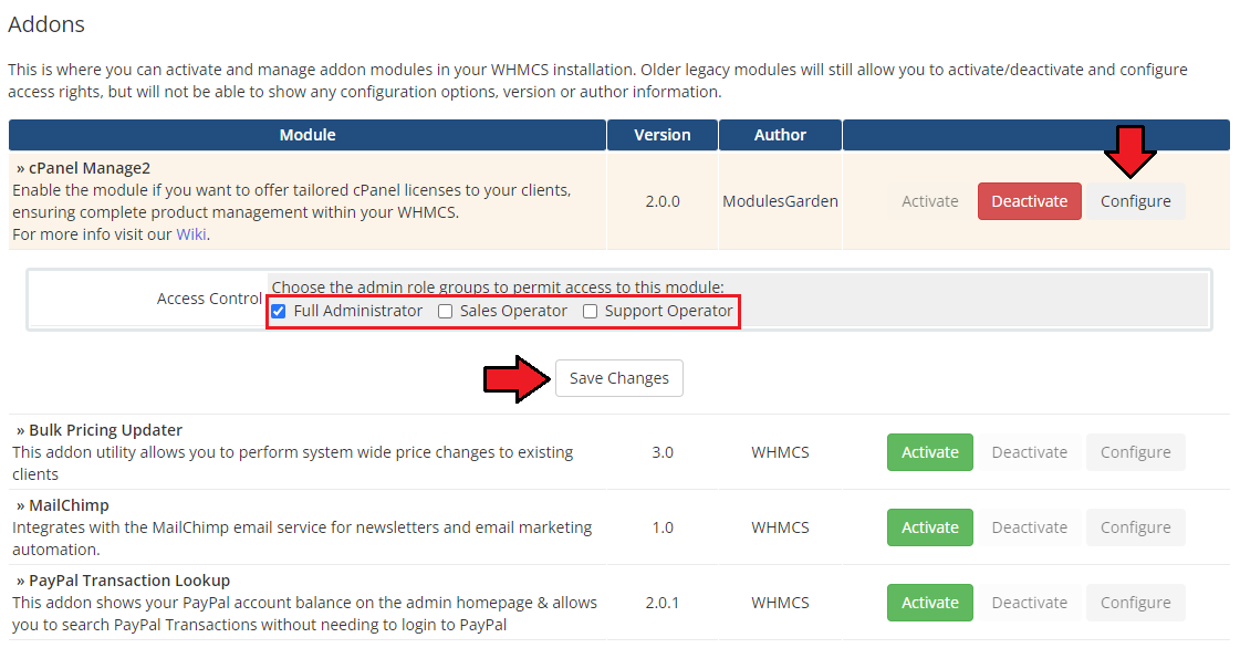 CPanel Manage2 For WHMCS: the cPanel Manage2 addon access control with admin role checkboxes and the Save Changes button