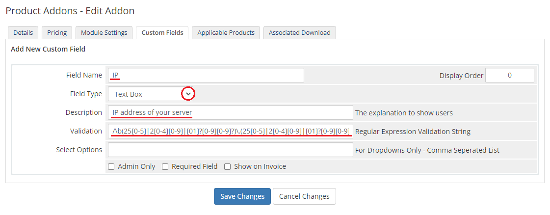 CPanel Manage2 For WHMCS: the WHMCS addon Custom Fields tab with an IP field, description and validation expression