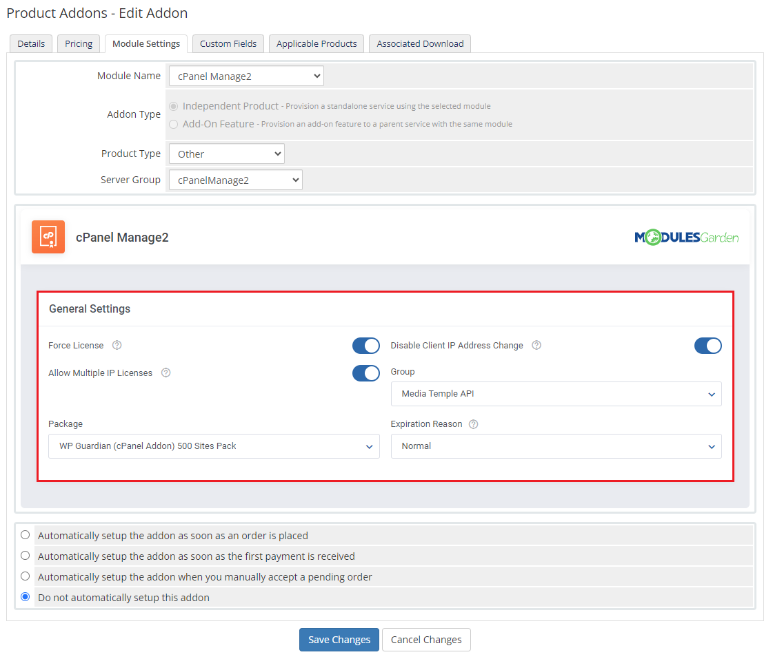 CPanel Manage2 For WHMCS: the WHMCS addon Module Settings tab with the module's General Settings section highlighted