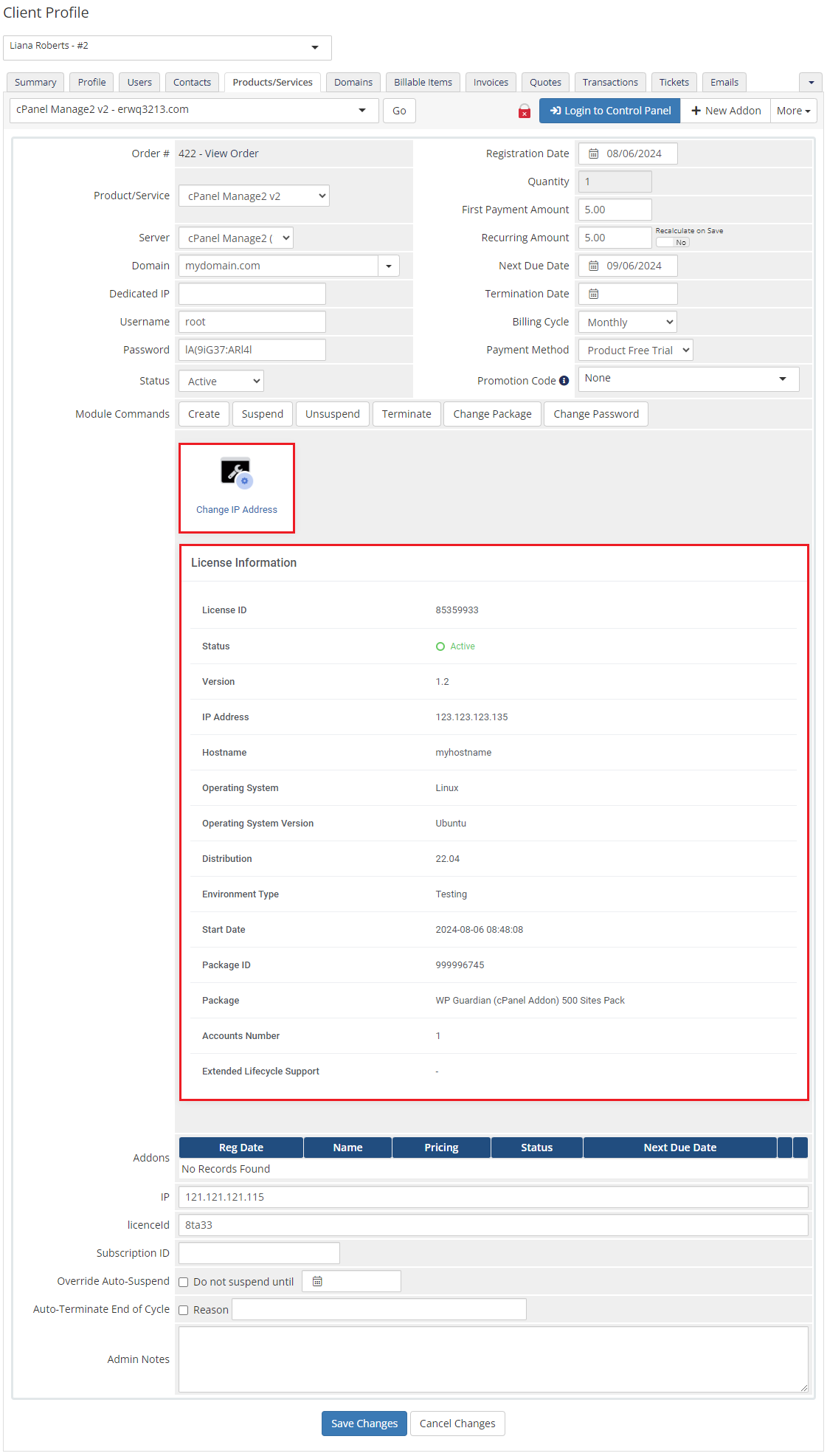 CPanel Manage2 For WHMCS: the WHMCS admin client product page with the Change IP Address button and License Information