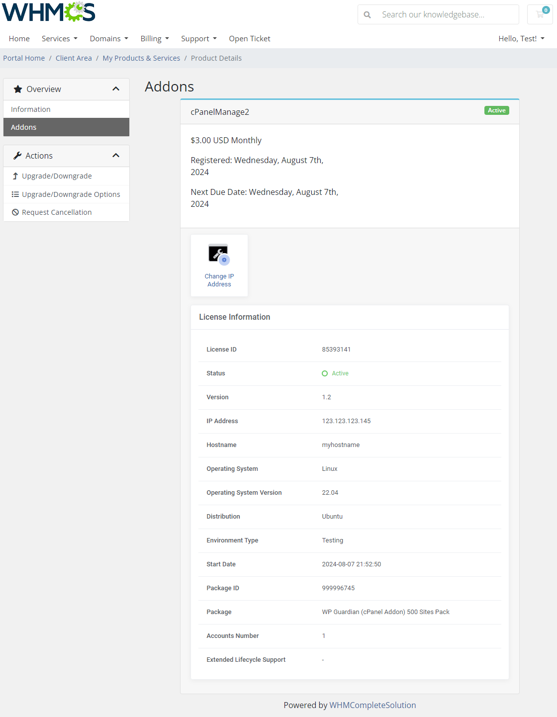 CPanel Manage2 For WHMCS: the WHMCS client area addon page with the Change IP Address button and license information