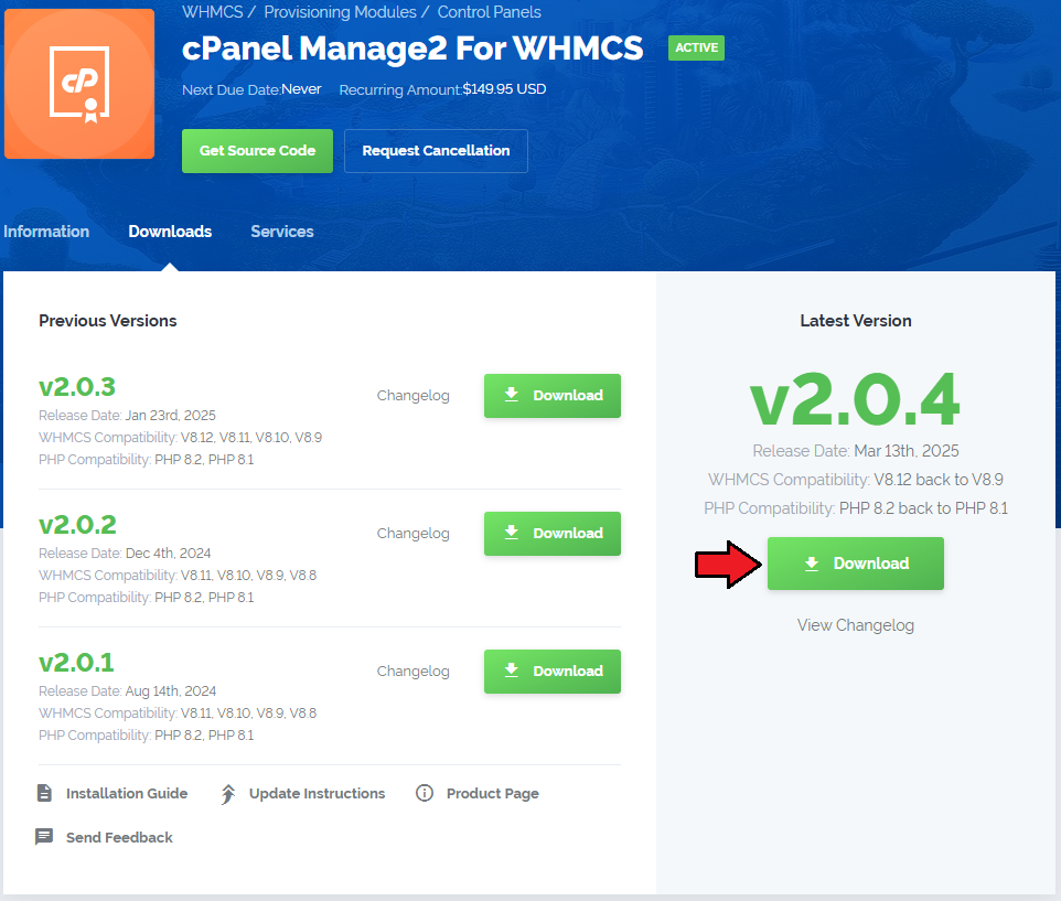 CPanel Manage2 For WHMCS: the client area product page with the Downloads tab and the Download button for the latest