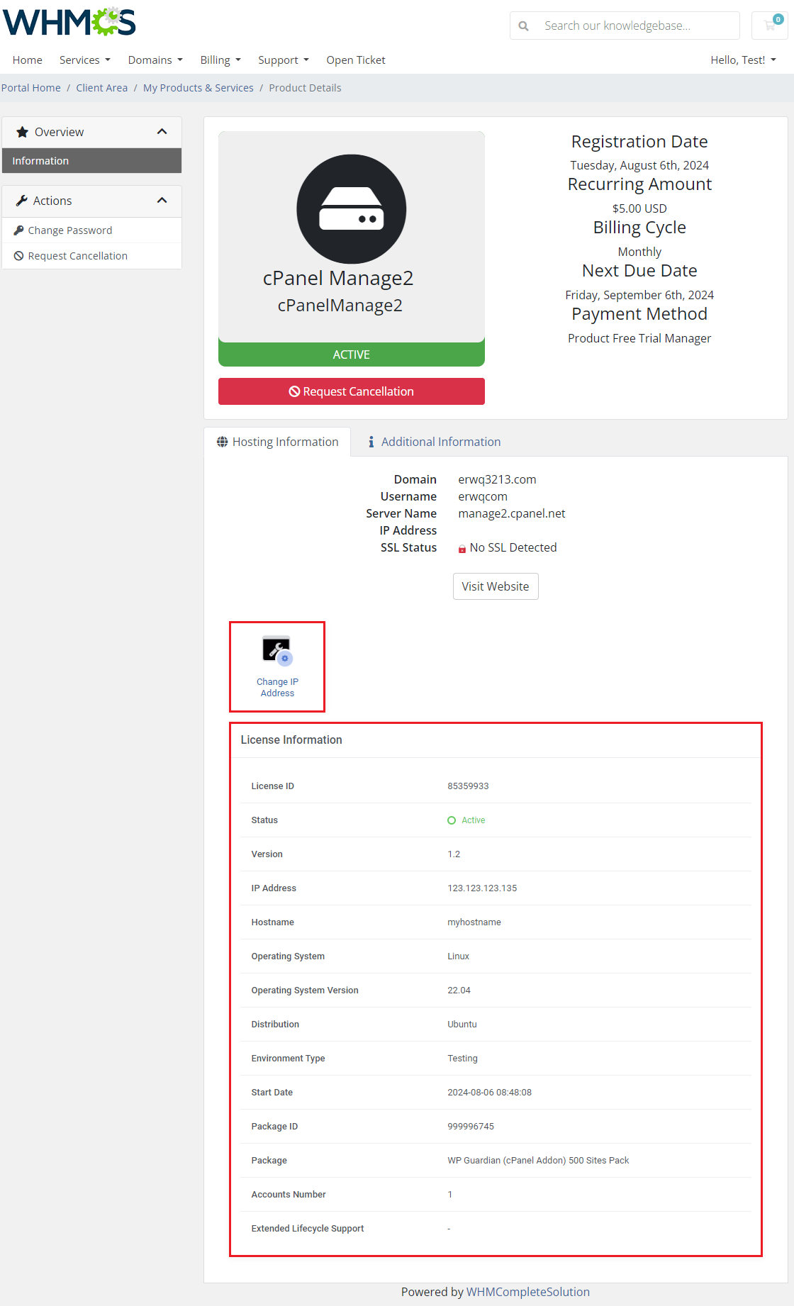 CPanel Manage2 For WHMCS: the WHMCS client area product page with the Change IP button and License Information boxed